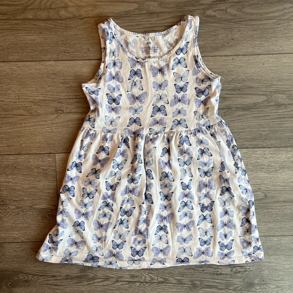 H&M Girl’s Sleeveless Butterfly A-Line Swing Flowy Dress Blue White Butterfly 5T
